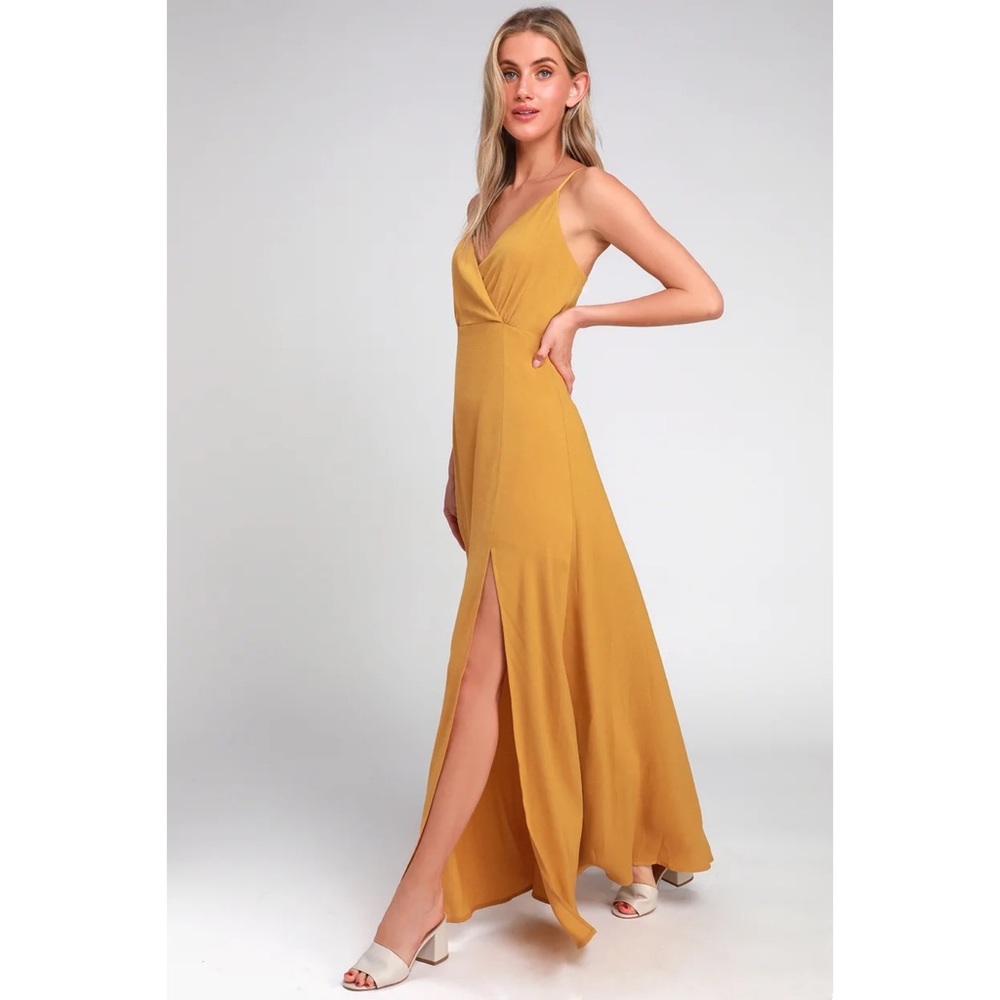 Lulu’s Evening of Splendor Mustard Yellow Surplice Maxi Dress